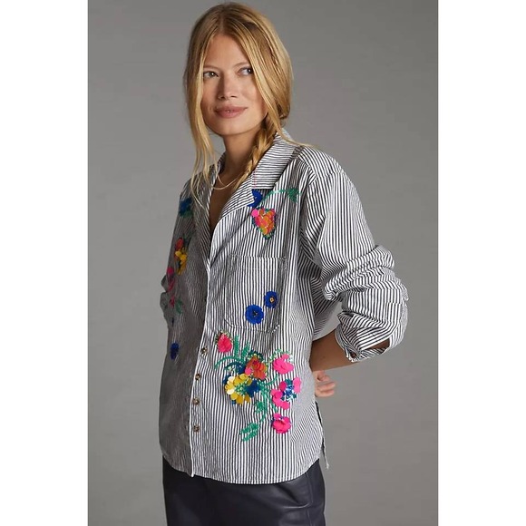 Maeve by Anthropologie Tops - Maeve Anthropologie Embroidered Vertical Striped Button-Up Shirt  Boho Chic 14
